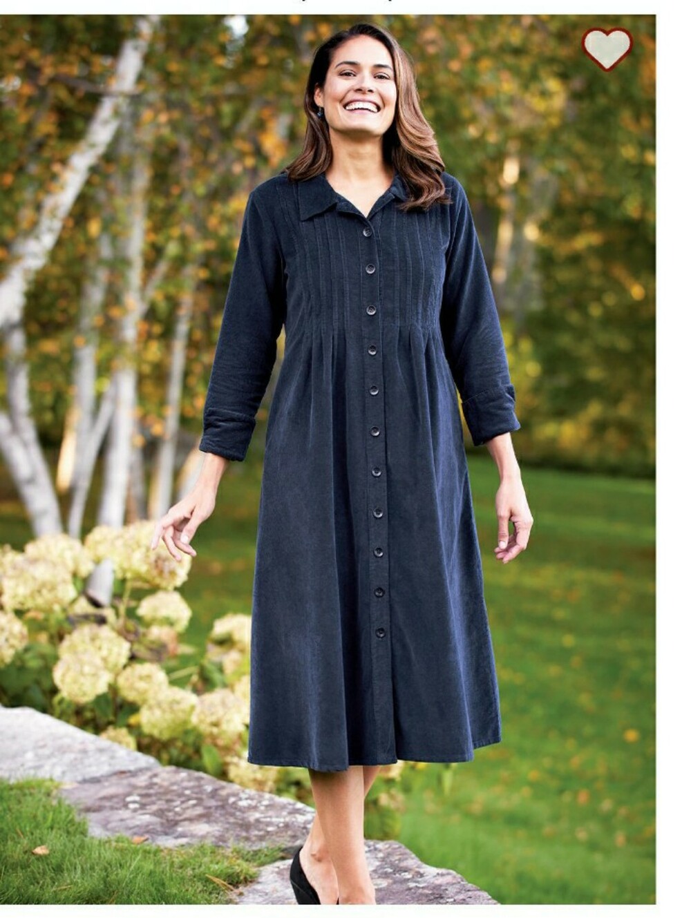 Classic Button-Front Long Sleeve Cord Dress -Navy